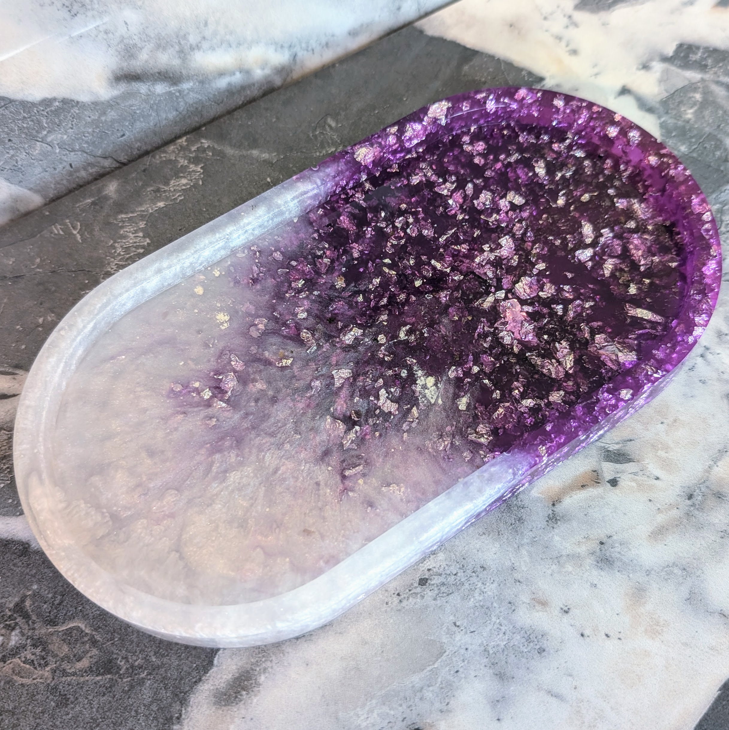 Purple & Silver Leaf Small Rounded Resin Tray, Bling Glam
