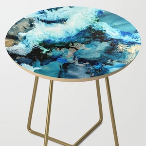 Abstract Art Blue Side Table, Birch Original Art End Table, Small Coastal Table, Round Square Ocean Table, Beach Table, Wooden Coffee Table