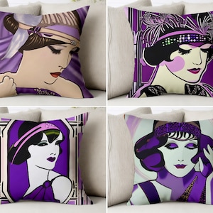 Art Deco Throw Pillow Cover 1920&#39;s Lady Flapper Cushion Purple Home Decor Woman Roaring 20s Retro Pillowcase Trend Sham Cushion Case Covers