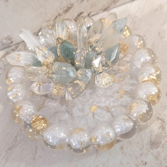 Resin Gemstone Ring Holder | Gold Silver Leaf Jewelry Dish | Handmade Handcrafted Gift for Her Crystal Cluster Ring Organizer