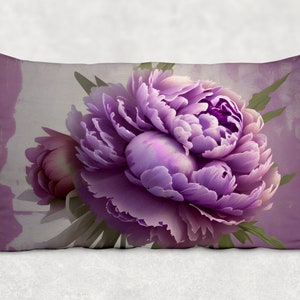Purple PEONIES Shabby Chic Lumbar Pillow Floral Purple Farmhouse Decor Vintage Cottage Large Peony Flower Pillows Accent Throw