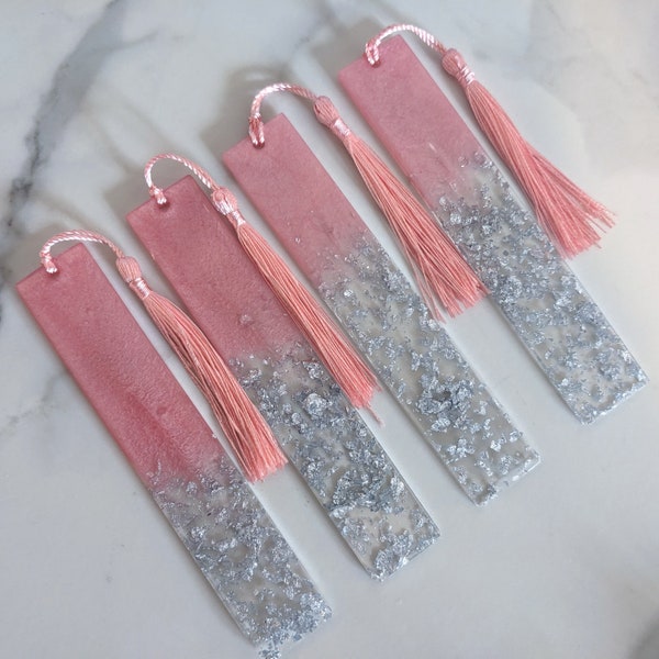 Set 4 Resin Bookmarks, Light Pink Blush Silver Leaf Glitter Bling Sparkly Book Mark, Gifts Under 20, Bookworm Gift, Stocking Stuffers