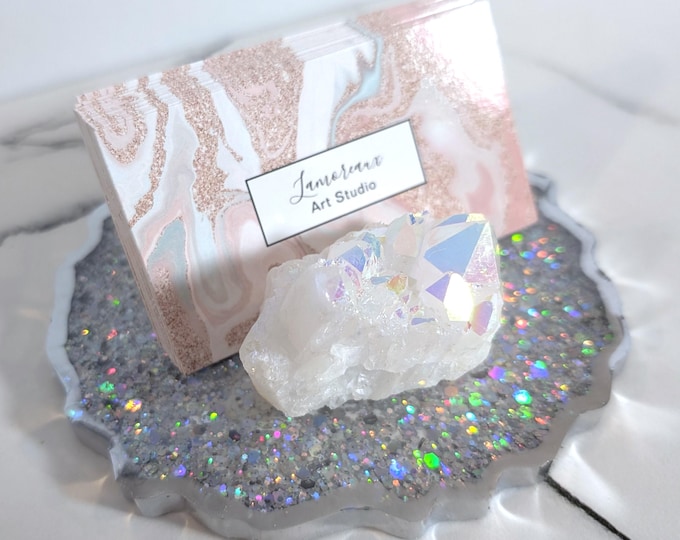 Angel Aura Quartz Business Card Holder | Holographic Crystal Phone Stand Gem Resin Glitter Office Supplies | Agate Geode Bling Sparkly