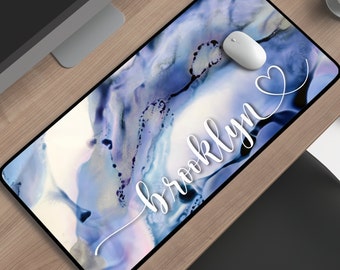 Alcohol Ink Custom Name Desk Mat, Personalized Blue Gray Art Watercolor Desk Pad, Aesthetic Desk Accessory, Modern Workspace, Boho Desk