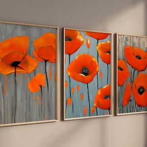 Orange Floral Wall Art Set Of 3 Poppy Prints Home Decor Flower Flowers Poppies Living Room Nursery Farmhouse Modern Chic Abstract Wall Print