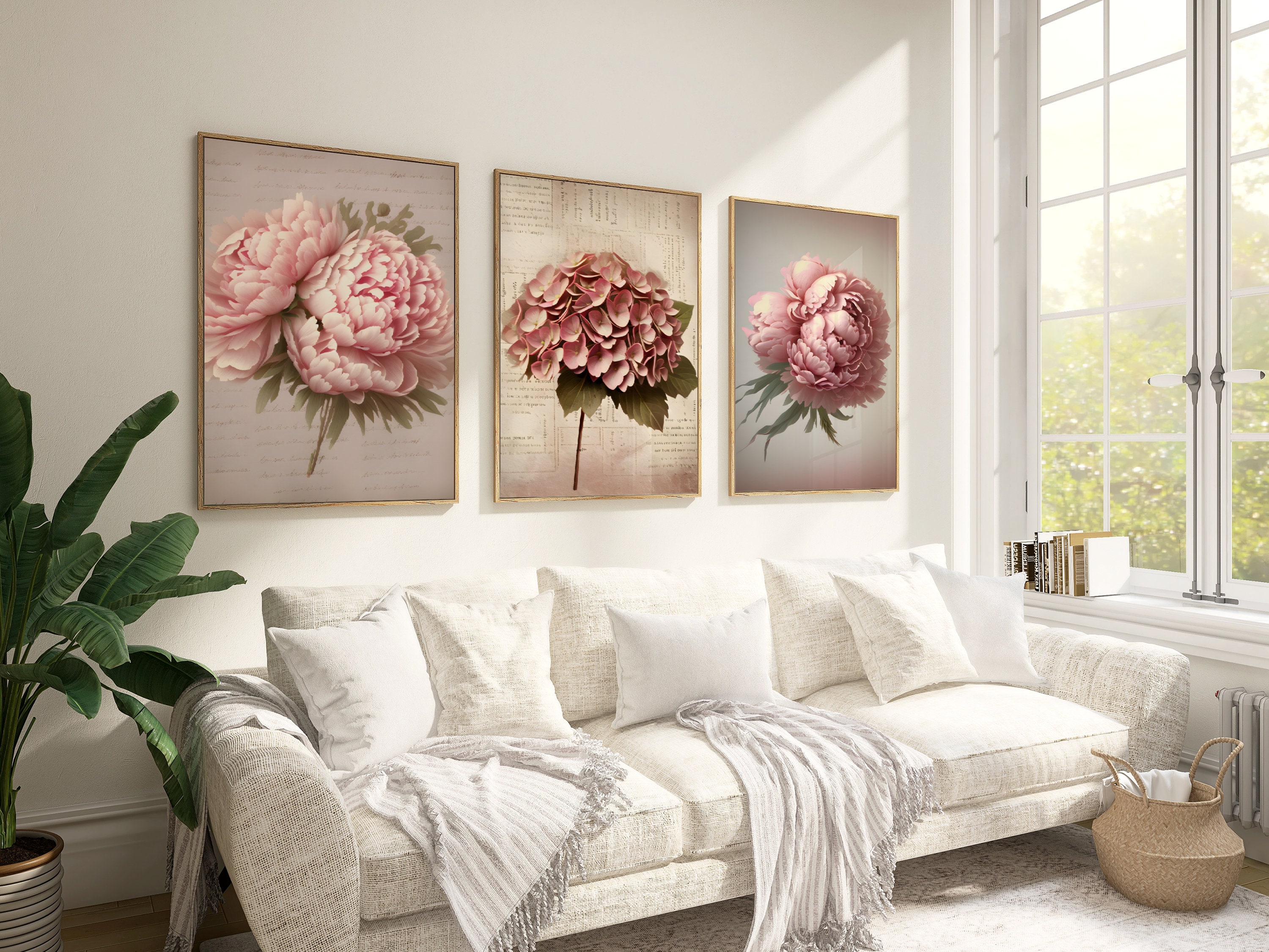 Blush Pink Floral Wall Art Set of 3 Prints Peony Home Decor Flower ...