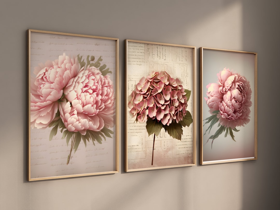 Blush Pink Floral Wall Art Set of 3 Prints Peony Home Decor Flower