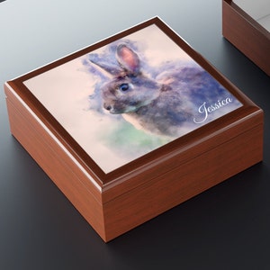 Custom Rabbit Jewelry Box | Custom Original Watercolor Bunny Art Name Wedding Jewelry Keepsake Box | Memory Art Holder | Rabbit Lover Gift