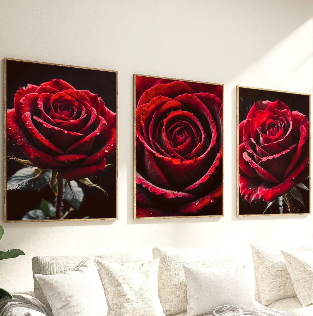Red Rose Set of 3 Art Prints Home Decor Floral Wall Decor Flower ...