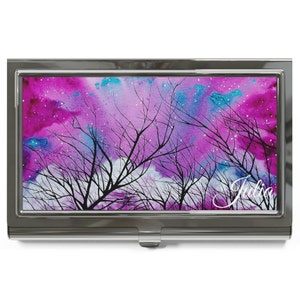 Porta biglietti da visita con albero d’arte astratta, portabiglietti da visita originale con alberi fucsia Forest Art, portabiglietti da visita con nome personalizzato