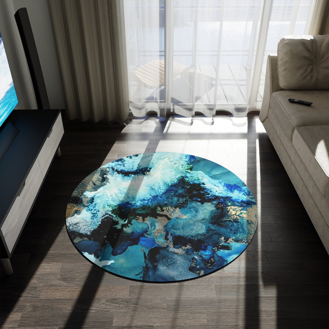 Abstract Blue Boho Rug, Round Blue Rug, Abstract Rug, Blue Mat ...