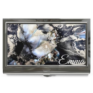 Alkohol Tinte Visitenkartenhalter | Original Abstrakte Kunst 'Black Marble IV' Schwarz Weiss Visitenkartenhalter Hülle | Personalisierter Name Individuell