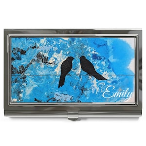 titular do cartão de visita da arte abstracta | arte original "céu azul do granito" luz - pássaros azuis capa porta-cartões | Nome personalizado personalizado