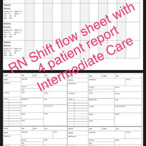 May include: A white and gray RN shift flow sheet with sections for patient information, including name, room, and vitals. The sheet is labeled "RN Shift flow sheet with 4 patient report Intermediate Care."