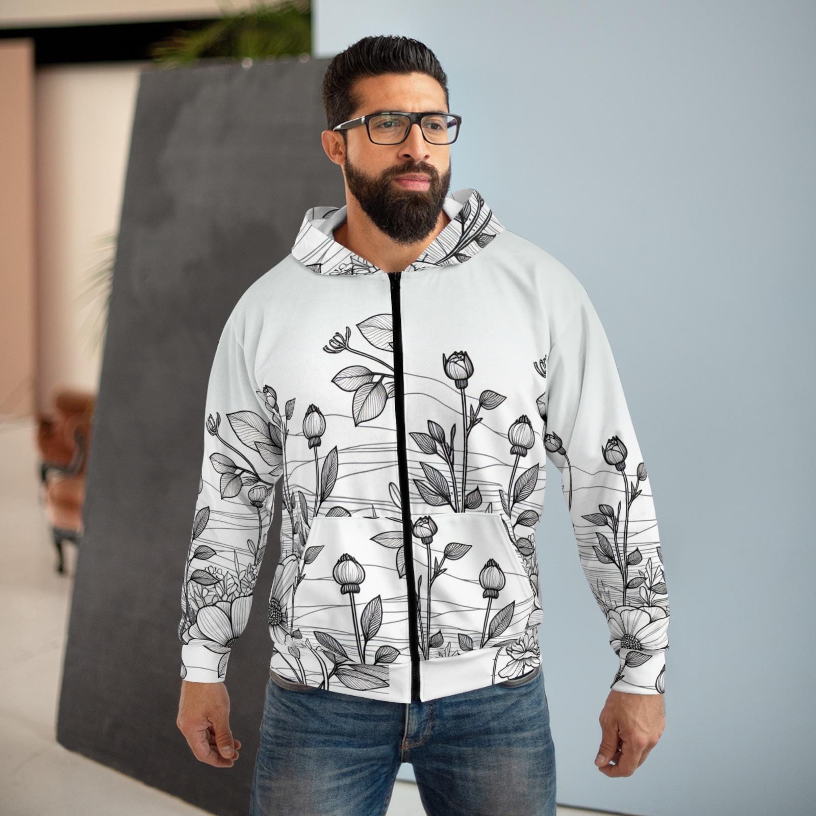 Zip up Hoodie With Black and White Flower Pattern,flower Hoodie