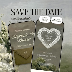 Peut inclure: Un modèle de site web numérique Save the Date affiché sur deux smartphones. Les écrans présentent un texte en écriture élégante, un motif de cœur en dentelle et une icône d'enveloppe. Le texte inclut Stephanie & Andrew, Tuscany, Italy, 12.08.2027.