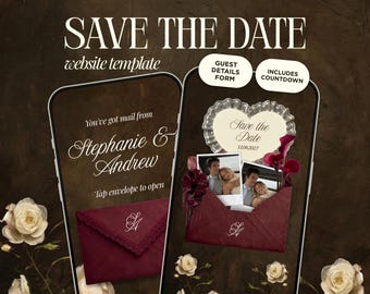 Burgund Save The Date Hochzeitswebsite Vorlage | Vintage lebhafte Einladung | Sofortiger Zugriff
