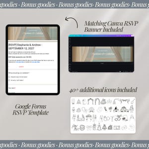 May include: An image showcasing a digital wedding RSVP template on a tablet, a matching Canva banner, and a collection of 40+ additional icons. The RSVP form is for Stephanie & Andrew, with a wedding date of September 12, 2027.