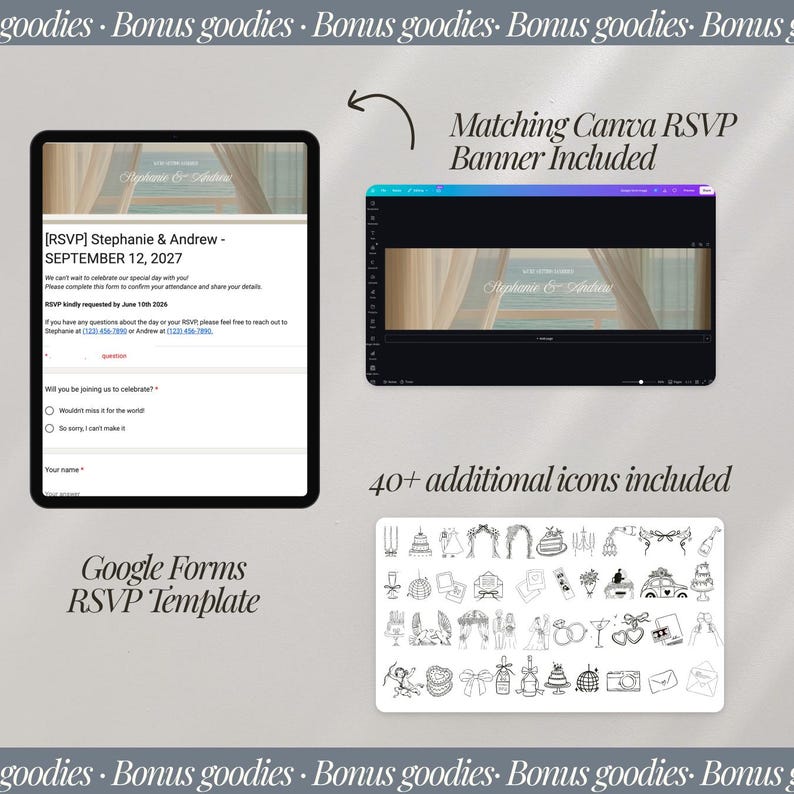 May include: An image showcasing a digital wedding RSVP template on a tablet, a matching Canva banner, and a collection of 40+ additional icons. The RSVP form is for Stephanie & Andrew, with a wedding date of September 12, 2027.