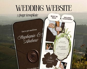 Erdige Hochzeit Website Vorlage Canva | Braun & Elfenbeinfarbene digitale Einladung mit eingebauter Antwortkarte | Sofortiger Zugriff