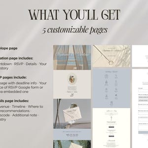 May include: A digital wedding invitation design with the text "WHAT YOU'LL GET" and "5 customizable pages." The design includes sample pages for an envelope, invitation, RSVP, and details. The invitation includes a countdown, RSVP, details, and love story.