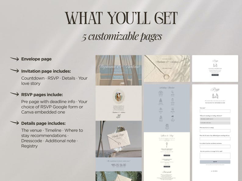 May include: A digital wedding invitation design with the text "WHAT YOU'LL GET" and "5 customizable pages." The design includes sample pages for an envelope, invitation, RSVP, and details. The invitation includes a countdown, RSVP, details, and love story.