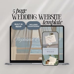 May include: A laptop and smartphone displaying a wedding website template. The laptop screen shows a website design with the text "Stephanie &" and wedding details. The phone shows a mobile version of the website with RSVP and countdown features.