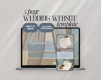 Hochzeit am Strand Website Vorlage Canva | Blaue digitale Einladung mit integrierter Antwortkarte | Sofortiger Zugriff