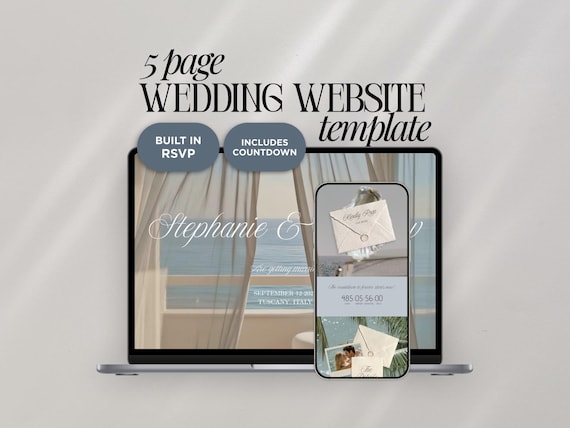 Beach Wedding Website Template Canva | Blue Digital Invitation with Built-in RSVP | Instant Access