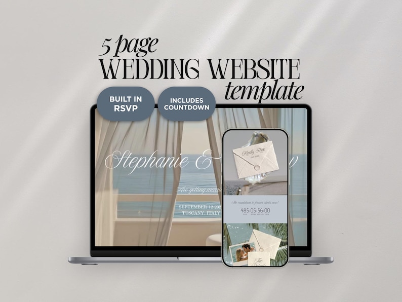 May include: A laptop and smartphone displaying a wedding website template. The laptop screen shows a website design with the text "Stephanie &" and wedding details. The phone shows a mobile version of the website with RSVP and countdown features.