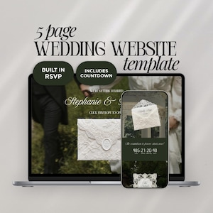 May include: A laptop and smartphone showcase a wedding website template. The laptop displays a wedding invitation design with the text "Stephanie &" and "Click envelope to open". The phone shows a similar design with a countdown.