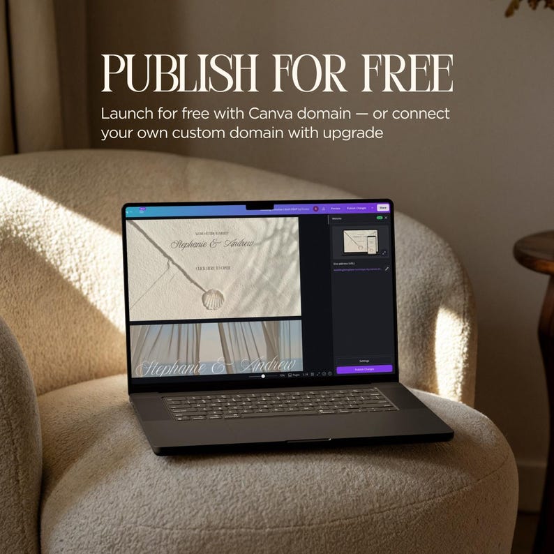 May include: A laptop displaying a website interface with the text "PUBLISH FOR FREE." The screen shows a wedding invitation design with the names "Stephanie & Andrew." The laptop is on a beige armchair.