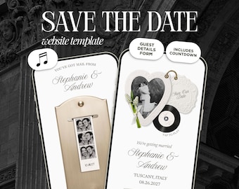 Modèle de site web de mariage « Save the Date » avec photomaton ivoire | Invitation animée élégante avec musique