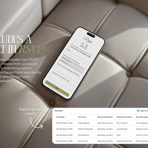 May include: A smartphone displaying a wedding RSVP form with a built-in RSVP feature. The phone rests on a textured, light-colored surface. Text on the screen includes RSVP details and a list of responses. The image also includes the text "INCLUDES A BUILT IN RSVP".