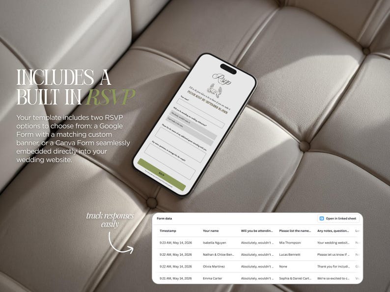 May include: A smartphone displaying a wedding RSVP form with a built-in RSVP feature. The phone rests on a textured, light-colored surface. Text on the screen includes RSVP details and a list of responses. The image also includes the text "INCLUDES A BUILT IN RSVP".