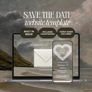 May include: A laptop and smartphone display a wedding website template. The laptop screen shows an invitation design, while the phone displays a heart-shaped save-the-date card. Text includes "Save the Date" and features like RSVP and countdown.