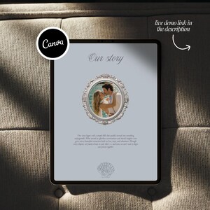 May include: A digital tablet displays a wedding photo album with the title "Our Story." The album features a photo of a couple in a decorative frame. The Canva logo is in the upper left corner, and a callout directs viewers to a live demo link.
