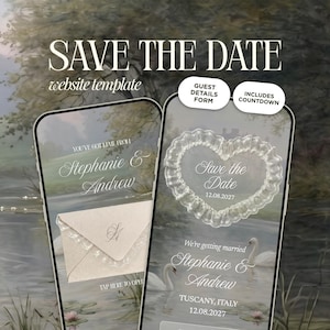 May include: A digital Save the Date website template displayed on two smartphones. The screens feature a landscape background with swans, a beige envelope graphic, a heart-shaped border, and text including Stephanie & Andrew, Tuscany, Italy, and 12.08.2027.