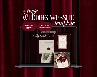 Elegante Hochzeit Website Template Canva | Burgunderfarbene digitale Einladung mit integrierter Antwortkarte | Sofortiger Zugriff