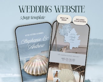 Hochzeit am Strand Website Vorlage Canva | Blaue digitale Einladung mit integrierter Antwortkarte | Sofortiger Zugriff