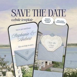 Könnte beinhalten: Eine digitale Save the Date Website-Vorlage auf zwei Smartphones. Die Bildschirme zeigen einen hellblauen Umschlag mit Spitzenbesatz, eine herzförmige Karte mit dem Text Save the Date 12.08.2027 und die Namen Stephanie & Andrew.