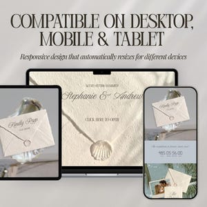 May include: A digital wedding invitation design displayed on a tablet, laptop, and smartphone. The design features a beige envelope with the words "Kindly RSVP" and the names "Stephanie & Andrew". The text "Compatible on Desktop, Mobile & Tablet" is also visible.