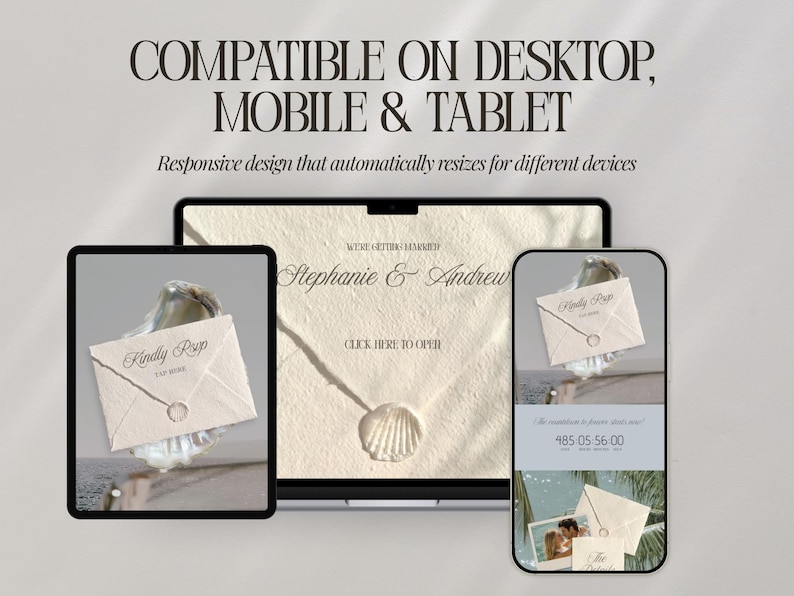 May include: A digital wedding invitation design displayed on a tablet, laptop, and smartphone. The design features a beige envelope with the words "Kindly RSVP" and the names "Stephanie & Andrew". The text "Compatible on Desktop, Mobile & Tablet" is also visible.