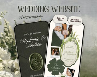 Olivgrün Hochzeit Website Template Canva | Altes Geld Digitale Einladung mit eingebauter Antwortkarte | Sofortiger Zugriff