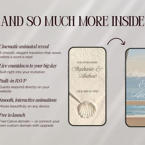 May include: Digital wedding invitation design featuring two smartphone screens. One displays a sandy beach scene with a seashell and the text "Stephanie & Andrew." The other shows a beach scene with the same names and wedding date.