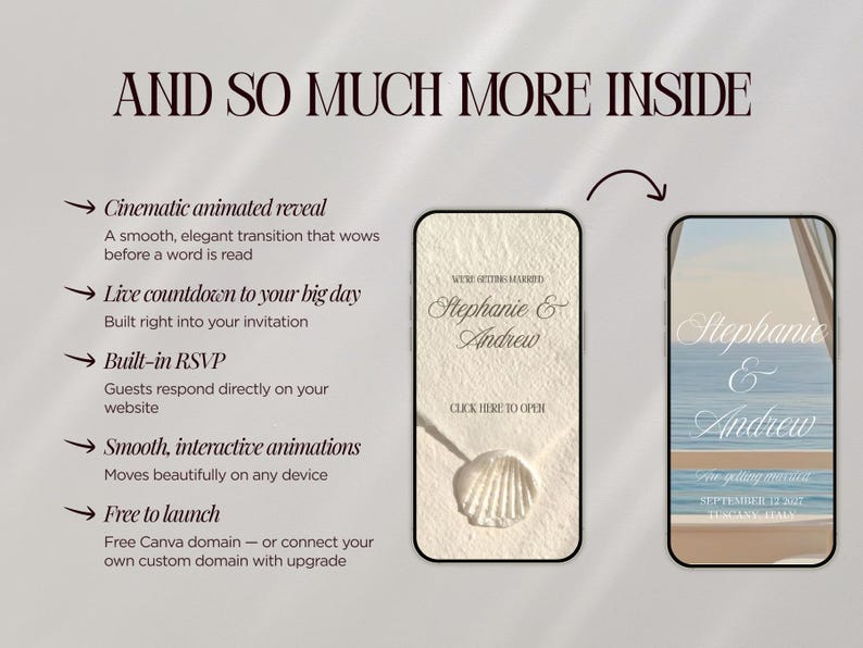 May include: Digital wedding invitation design featuring two smartphone screens. One displays a sandy beach scene with a seashell and the text "Stephanie & Andrew." The other shows a beach scene with the same names and wedding date.