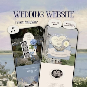 May include: A digital wedding website 5-page template displayed on two smartphones. The screens show a photo strip, a heart-shaped graphic with the text We're getting married, a countdown timer, and a photo of a couple with the names Stephanie & Andrew.