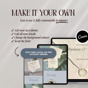 May include: Digital design templates displayed on a tablet and two phones. The text reads "MAKE IT YOUR OWN" and "Easy to use & fully customisable in minutes." Features include adding photos, editing details, changing colors, and swapping fonts.