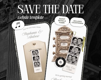Hochzeitswebsite-Vorlage „Save the Date“ im Elfenbein-Fotokabinen-Design | Elegante animierte Einladung mit Musik