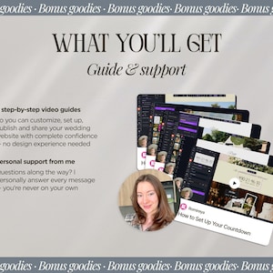 May include: Image promoting wedding website setup. Text reads "WHAT YOU'LL GET Guide & support." Includes screenshots of a website, a photo of a woman, and text about video guides and personal support. The image has a neutral color palette.